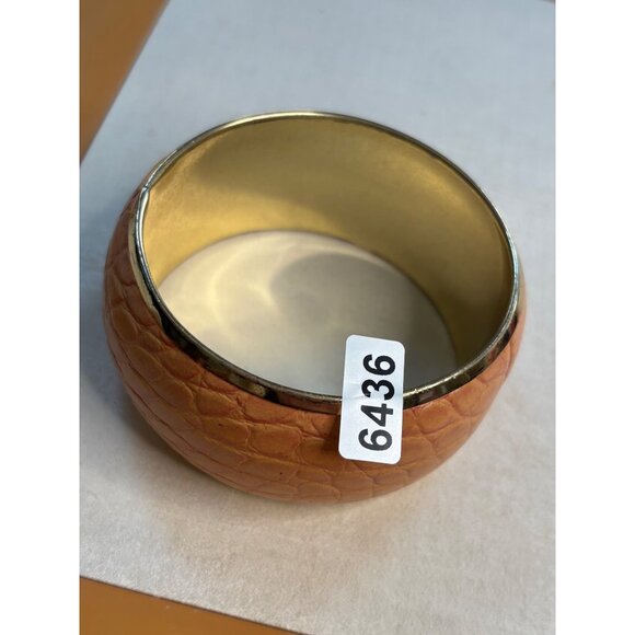 Gold-Tone Wide Bangle Bracelet With Faux Croc Embossed Orange Leather Design - Picture 2 of 7